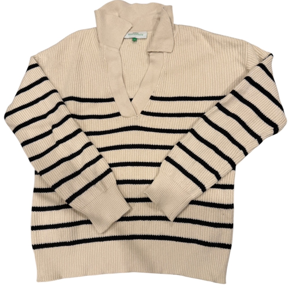 Mise au Green Women’s Collared Knit Sweater Cream Black Striped size M